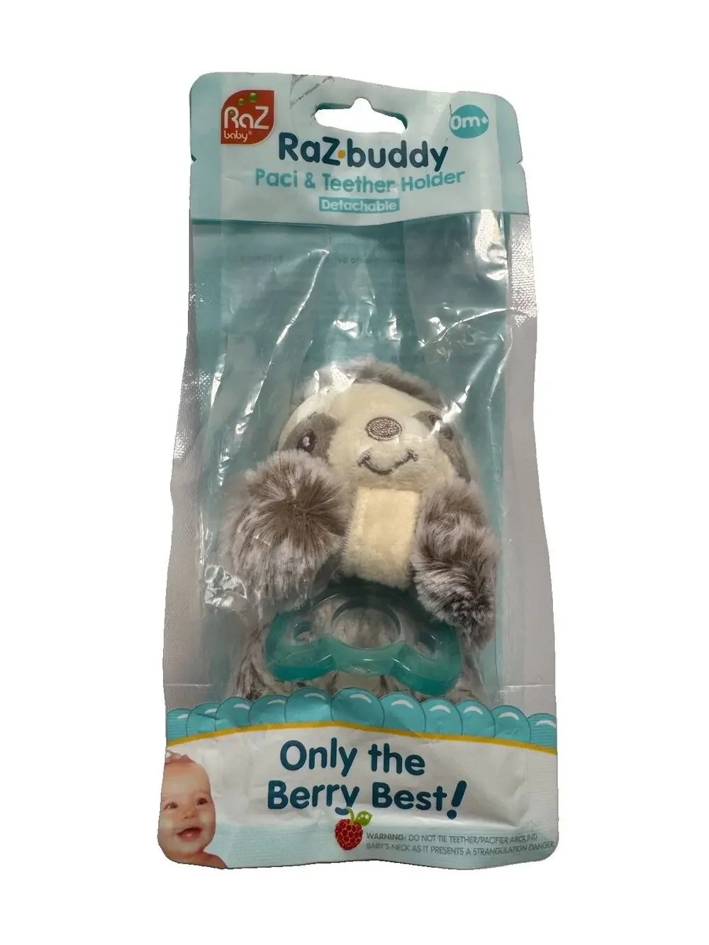 RaZbaby Raz-Buddy Sam Sloth Paci & Teether Holder Plush BPA Free NIP